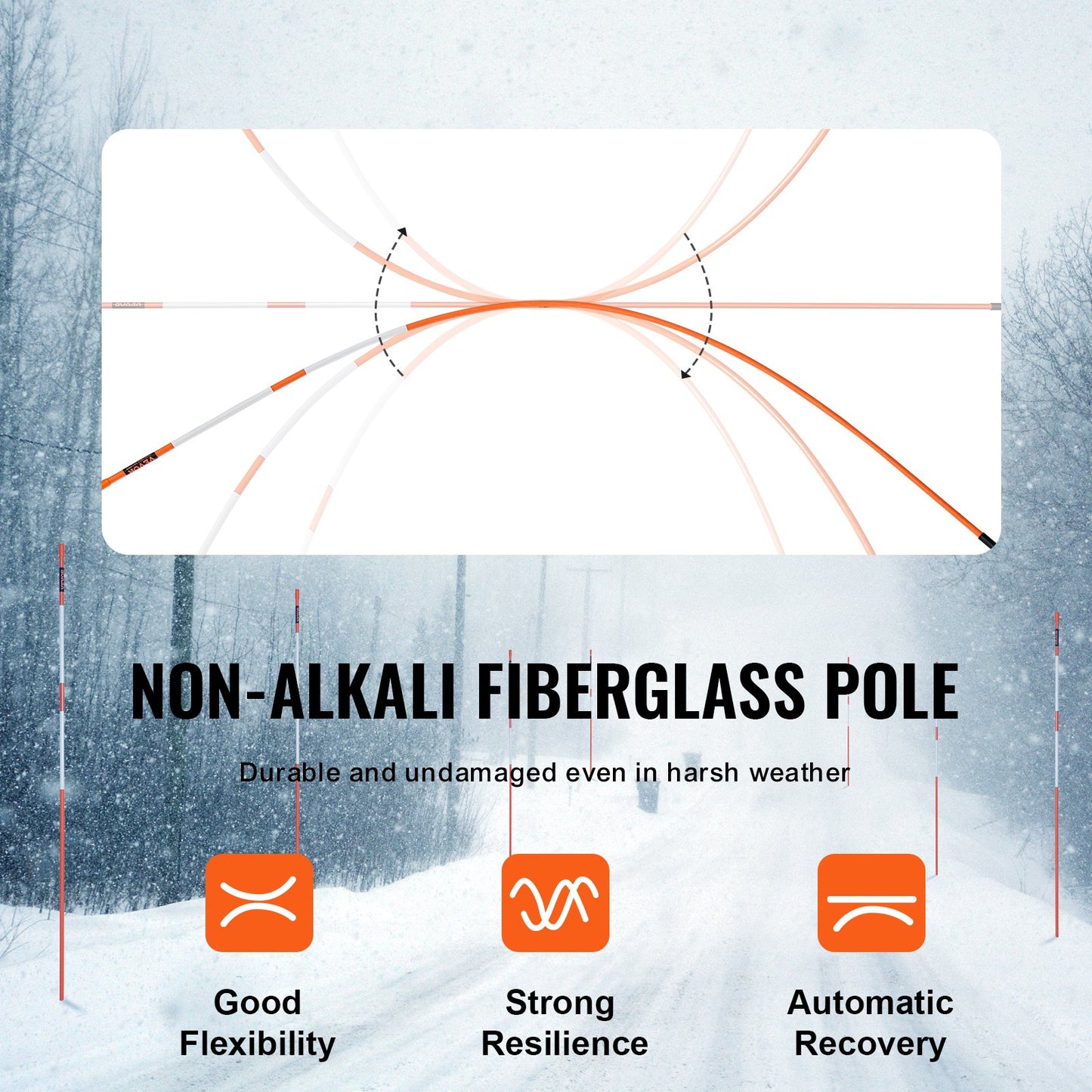 Einfahrtsmarkierungen, 30 Stück, 48 Zoll, 0,31 Zoll Durchmesser, orangefarbene Fiberglaspfosten, Schneepfähle mit Reflektorband, 12-Zoll-Stahlbohrer und Schutzhandschuhen für Parkplätze, Gehwege. Gute Sichtbarkeit
