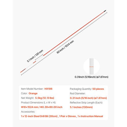50 st. reflekterande uppfartsmarkörer 5/16" diameter 60 tum snöpinnar reflexer
