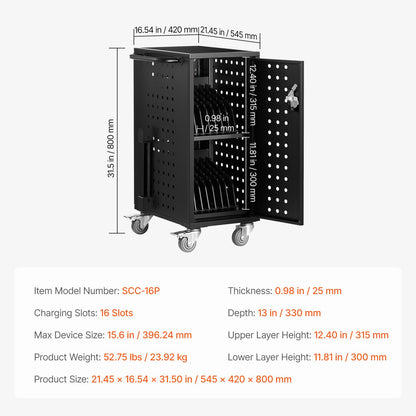 Charging Cart, 16 Device Mobile Charging Station, Up to 15.6 in Screen Size, Office and Classroom Mobile Charging Cart, for Chromebook, Tablet and Laptop