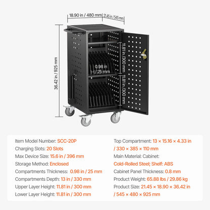 Laptop Cart, 20 Device Mobile Charging Cart, Up to 15.6 in Screen Size, Office and Classroom Mobile Charging Cart, for Chromebook, Tablet and Laptop