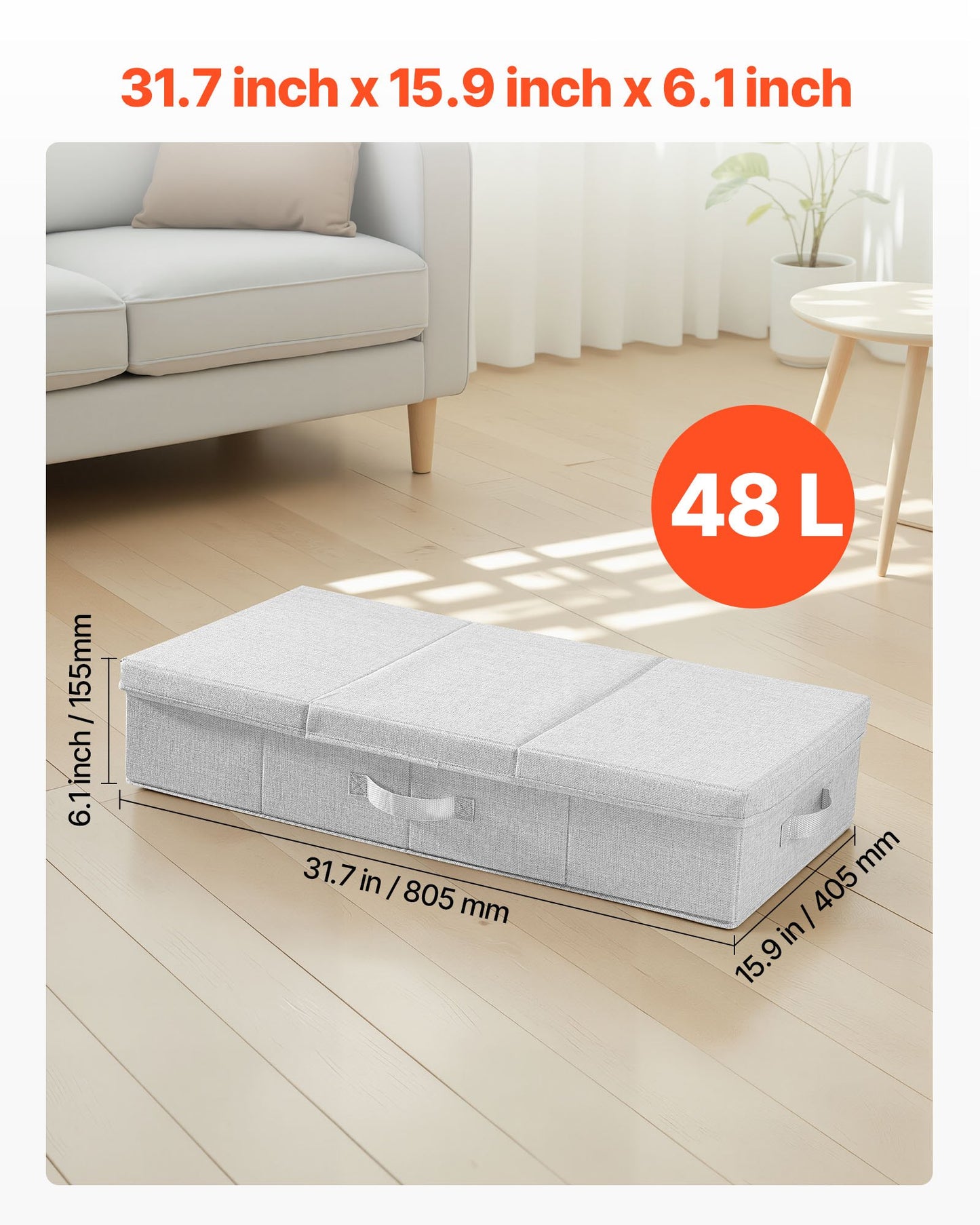 Under Bed Storage with Lids, 31.7 x 15.9 x 6.1 Inch, 48L Large Underbed Clothes Storage Containers, Low Profile Gray Under Bed Drawer Shoe Organizer Bins Box for Blanket Shoe Bedroom, 2 Pack