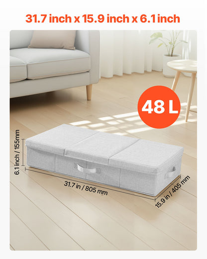 Under Bed Storage with Lids, 31.7 x 15.9 x 6.1 Inch, 48L Large Underbed Clothes Storage Containers, Low Profile Gray Under Bed Drawer Shoe Organizer Bins Box for Blanket Shoe Bedroom, 2 Pack