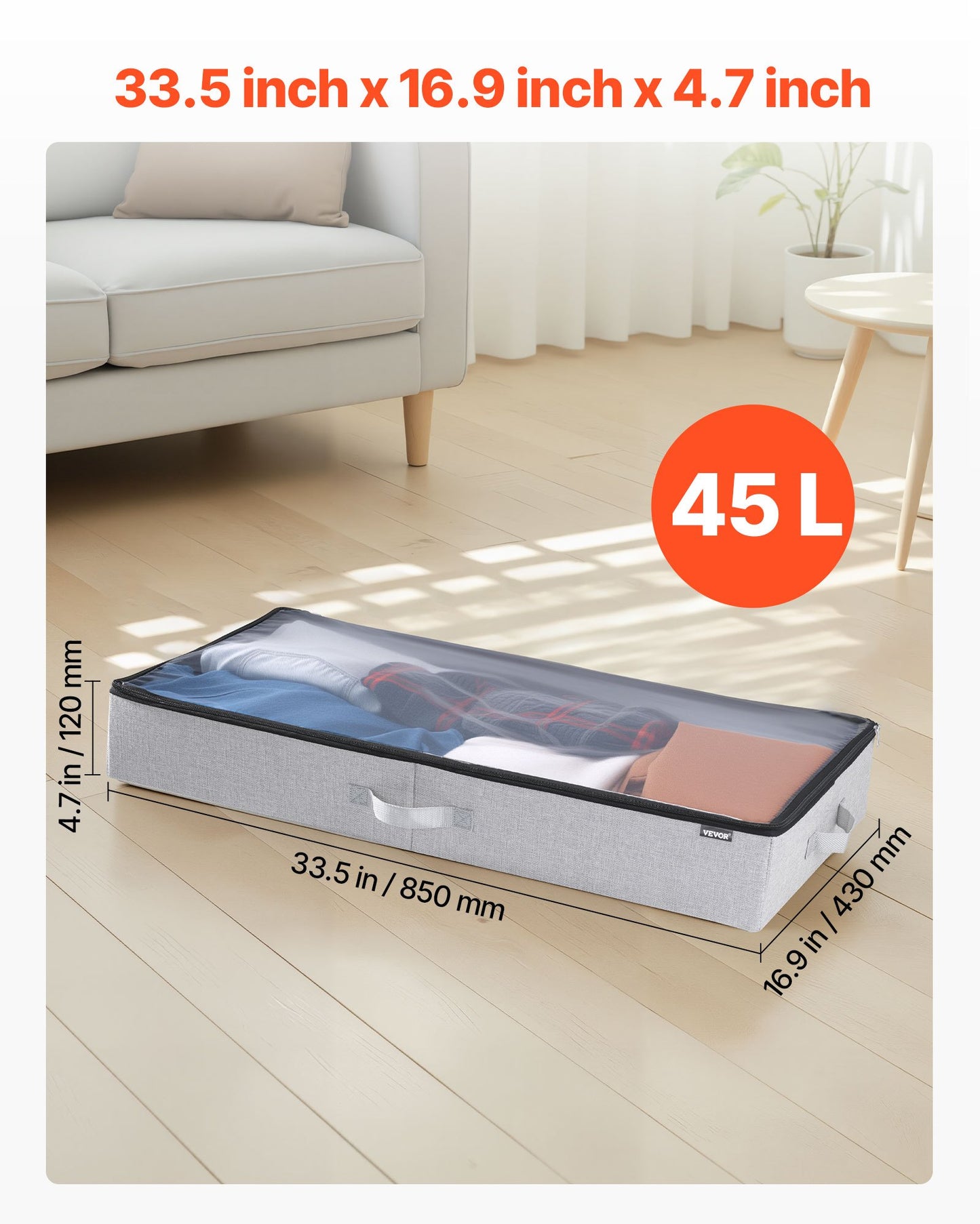 Under Bed Storage with Clear Lids, 33.5 x 16.9 x 4.7 Inch, 45L Large Underbed Clothes Storage Containers, Low Profile Under Bed Drawer Shoe Organizer Bins Box for Blanket Shoe Bedroom, 2 Pack