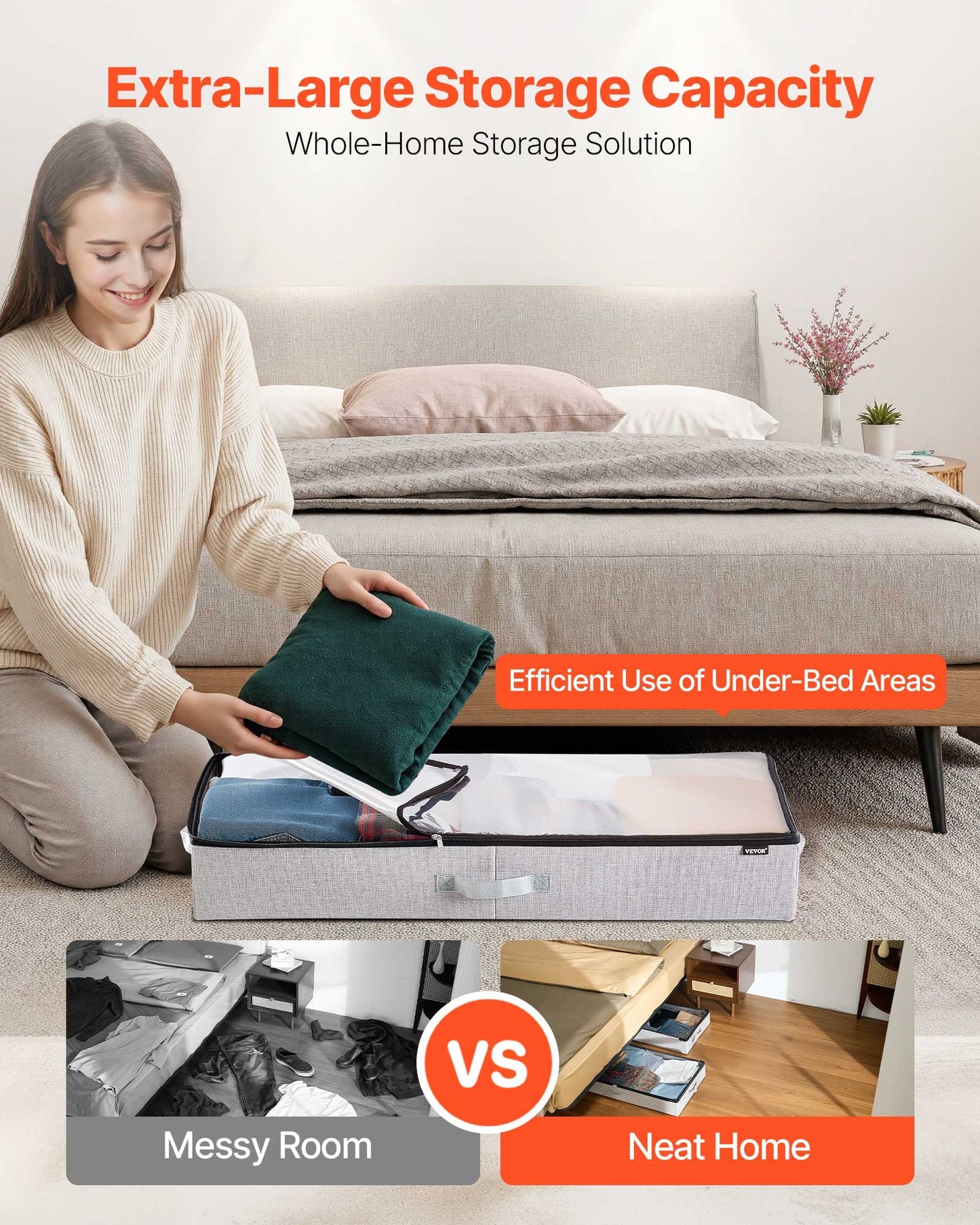 Under Bed Storage with Clear Lids, 33.5 x 16.9 x 4.7 Inch, 45L Large Underbed Clothes Storage Containers, Low Profile Under Bed Drawer Shoe Organizer Bins Box for Blanket Shoe Bedroom, 2 Pack