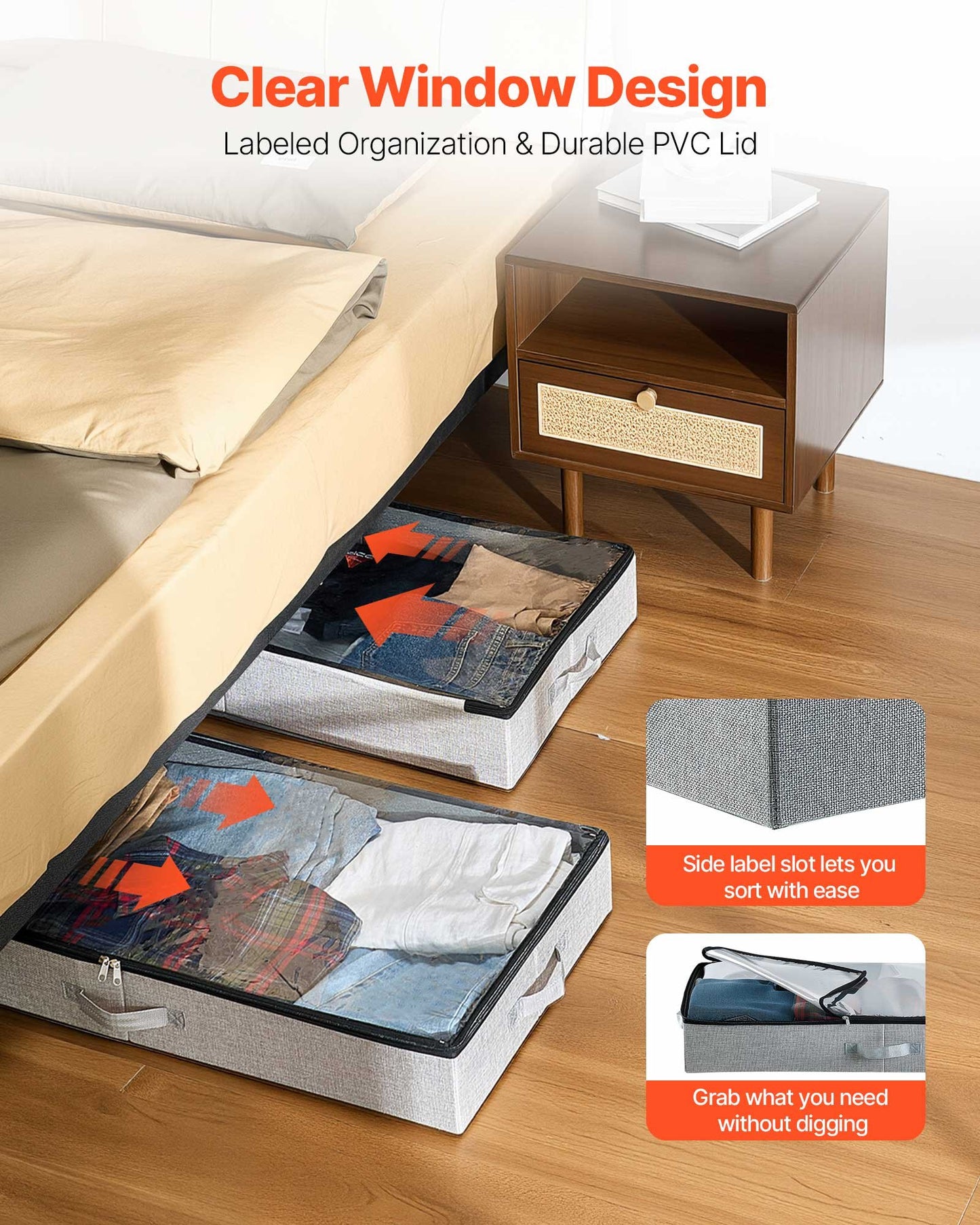 Under Bed Storage with Clear Lids, 33.5 x 16.9 x 4.7 Inch, 45L Large Underbed Clothes Storage Containers, Low Profile Under Bed Drawer Shoe Organizer Bins Box for Blanket Shoe Bedroom, 2 Pack