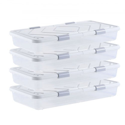 Under Bed Storage with Wheels, 31.7 x 15.6 x 6.9 inch Underbed Containers, Underbed Shoes Organizer with Lid & Gray Latch, Rolling Under the Bed Storage Bins for Clothes Shoes Blankets, 4 Pack