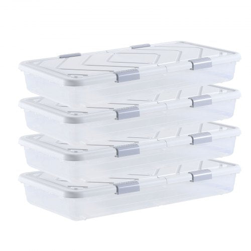 Under Bed Storage with Wheels, 31.7 x 15.6 x 6.9 inch Underbed Containers, Underbed Shoes Organizer with Lid & Gray Latch, Rolling Under the Bed Storage Bins for Clothes Shoes Blankets, 4 Pack