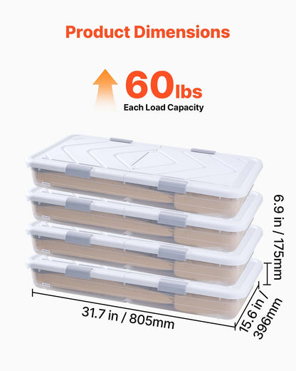 Under Bed Storage with Wheels, 31.7 x 15.6 x 6.9 inch Underbed Containers, Underbed Shoes Organizer with Lid & Gray Latch, Rolling Under the Bed Storage Bins for Clothes Shoes Blankets, 4 Pack