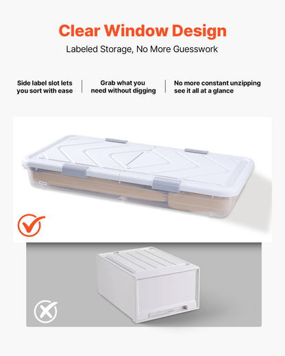 Under Bed Storage with Wheels, 31.7 x 15.6 x 6.9 inch Underbed Containers, Underbed Shoes Organizer with Lid & Gray Latch, Rolling Under the Bed Storage Bins for Clothes Shoes Blankets, 4 Pack