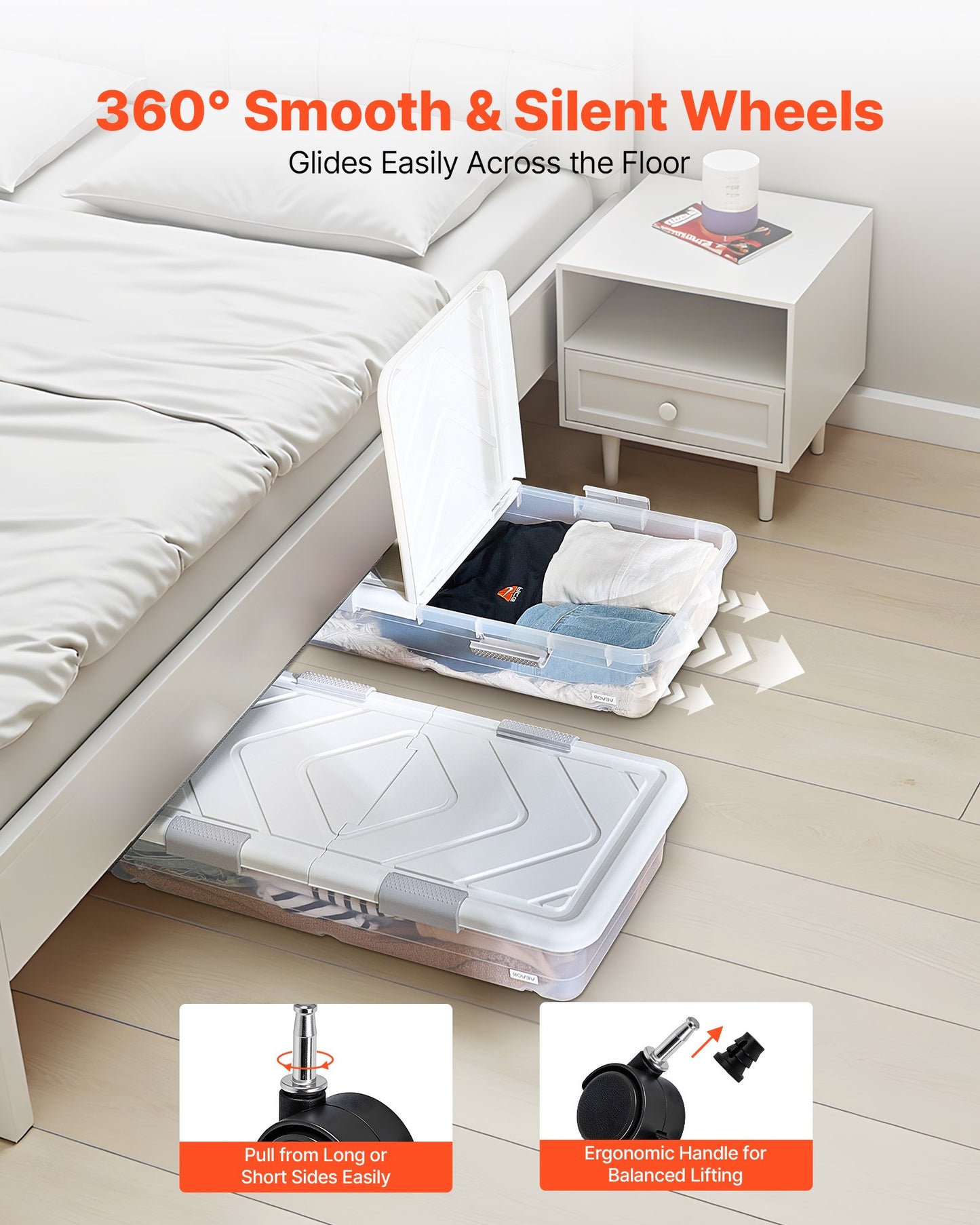 Under Bed Storage with Wheels, 31.7 x 15.6 x 6.9 inch Underbed Containers, Underbed Shoes Organizer with Lid & Gray Latch, Rolling Under the Bed Storage Bins for Clothes Shoes Blankets, 4 Pack
