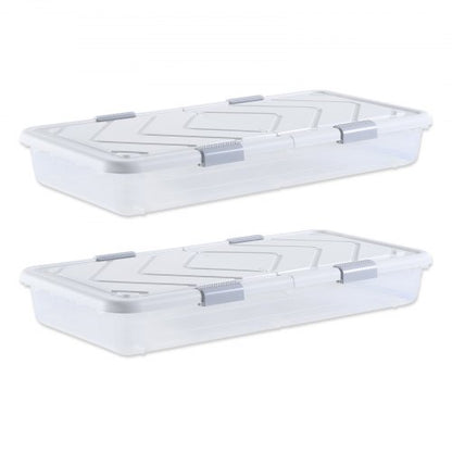 Under Bed Storage with Wheels, 39.8 x 20.1 x 5.9 inch Underbed Containers, Underbed Shoes Organizer with Lid & Gray Latch, Rolling Under the Bed Storage Bins for Clothes Shoes Blankets, 2 Pack
