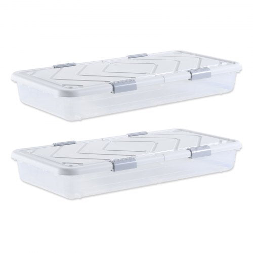 Under Bed Storage with Wheels, 39.8 x 20.1 x 5.9 inch Underbed Containers, Underbed Shoes Organizer with Lid & Gray Latch, Rolling Under the Bed Storage Bins for Clothes Shoes Blankets, 2 Pack