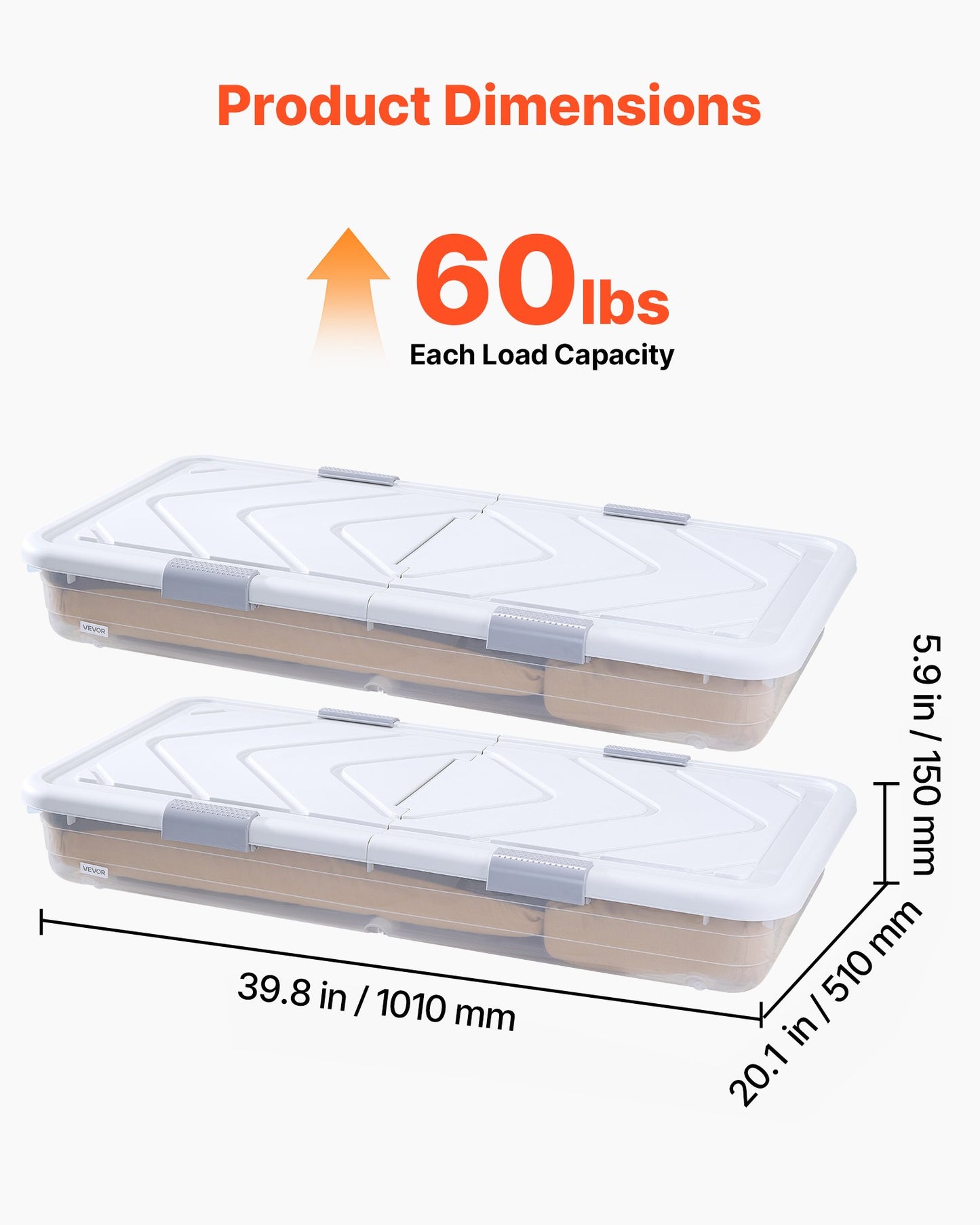 Under Bed Storage with Wheels, 39.8 x 20.1 x 5.9 inch Underbed Containers, Underbed Shoes Organizer with Lid & Gray Latch, Rolling Under the Bed Storage Bins for Clothes Shoes Blankets, 2 Pack