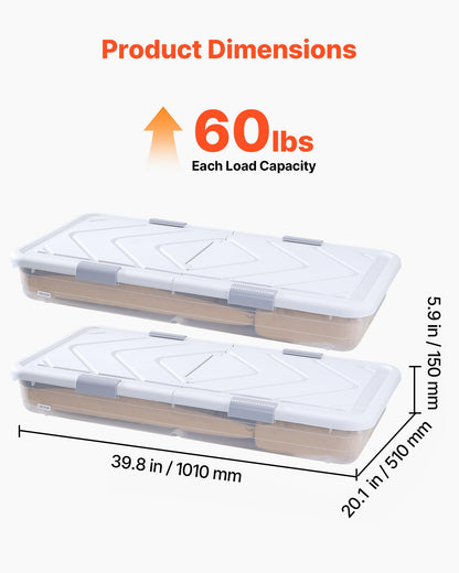 Under Bed Storage with Wheels, 39.8 x 20.1 x 5.9 inch Underbed Containers, Underbed Shoes Organizer with Lid & Gray Latch, Rolling Under the Bed Storage Bins for Clothes Shoes Blankets, 2 Pack