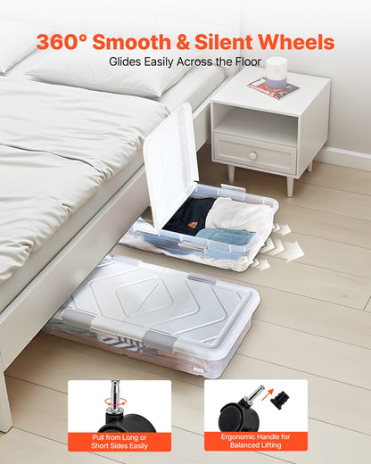 Under Bed Storage with Wheels, 39.8 x 20.1 x 5.9 inch Underbed Containers, Underbed Shoes Organizer with Lid & Gray Latch, Rolling Under the Bed Storage Bins for Clothes Shoes Blankets, 2 Pack