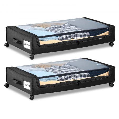 Under Bed Storage with Wheels, 30.3 x 18.5 x 6.8 inch, Underbed Containers with Clear Lid, Underbed Shoe Organizer, Rolling Under the Bed Storage Bins for Clothes Shoes Blankets Bedroom, 2 Pack