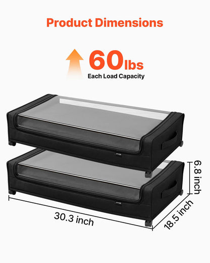 Under Bed Storage with Wheels, 30.3 x 18.5 x 6.8 inch, Underbed Containers with Clear Lid, Underbed Shoe Organizer, Rolling Under the Bed Storage Bins for Clothes Shoes Blankets Bedroom, 2 Pack