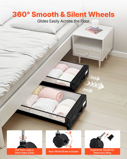 Under Bed Storage with Wheels, 30.3 x 18.5 x 6.8 inch, Underbed Containers with Clear Lid, Underbed Shoe Organizer, Rolling Under the Bed Storage Bins for Clothes Shoes Blankets Bedroom, 2 Pack