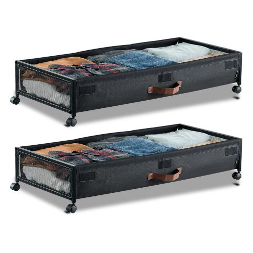 Under Bed Storage with Wheels, 36.0 x 18.1 x 7.3 inch, Underbed Containers with Clear Lid, Underbed Shoe Organizer, Rolling Under the Bed Storage Bins for Clothes Shoes Blankets Bedroom, 2 Pack