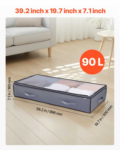 Under Bed Storage with Clear Lids, 39.2 x 19.7 x 7.1 Inch, 90L Large Underbed Clothes Storage Containers, Low Profile Under Bed Drawer Shoe Organizer Bins Box for Blanket Shoe Bedroom, 4 Pack