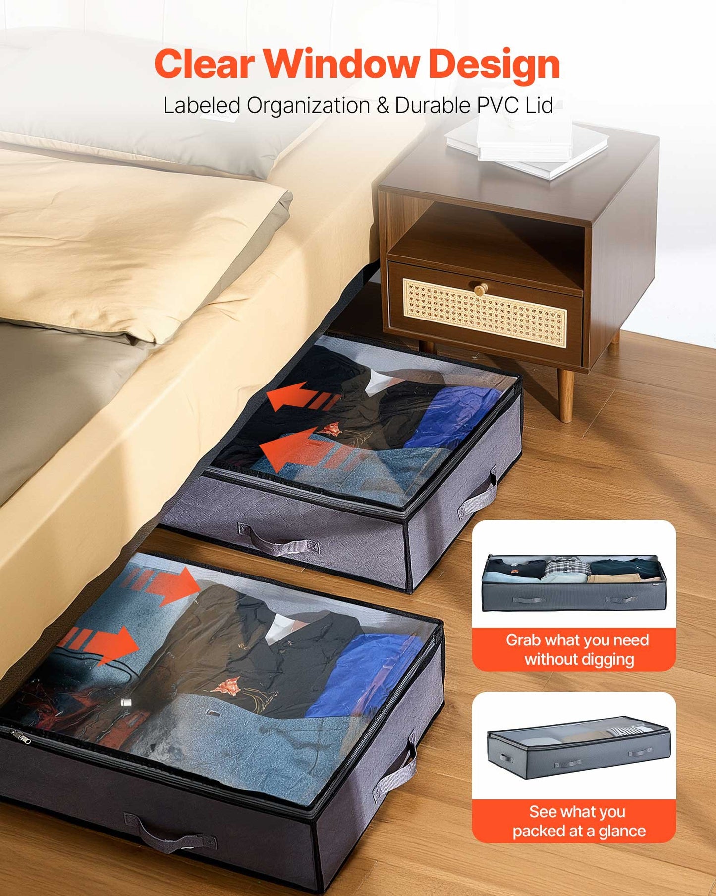 Under Bed Storage with Clear Lids, 39.2 x 19.7 x 7.1 Inch, 90L Large Underbed Clothes Storage Containers, Low Profile Under Bed Drawer Shoe Organizer Bins Box for Blanket Shoe Bedroom, 4 Pack