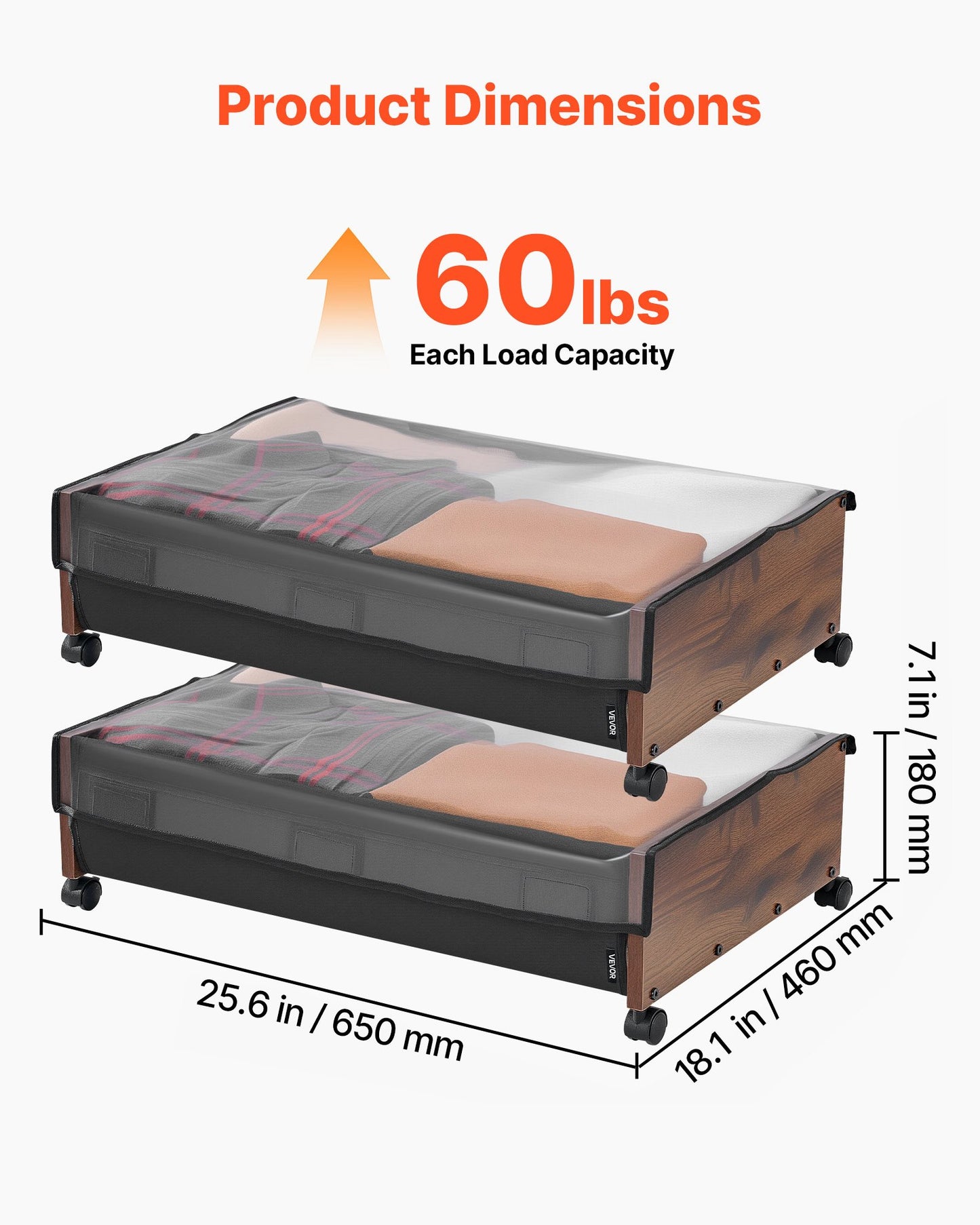Under Bed Storage with Wheels, 25.6 x 18.1 x 7.1 inch Underbed Containers, Underbed Shoes Organizer with Lockable Wheels, Rolling Under the Bed Storage Bins for Clothes, Shoes, Blankets, 2 Pack