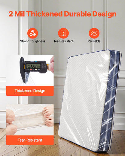 Plastic Mattress Bag, 2 Mil Thick Mattress Storage Bag, Wear-Resistant and Waterproof Plastic Bed Cover with Reinforced Corner Design, Heavy-Duty Mattress Moving Supplies (2 Pack, Queen Size)