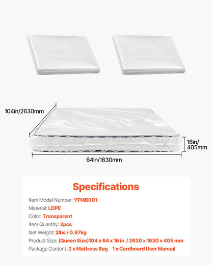 Plastic Mattress Bag, 2 Mil Thick Mattress Storage Bag, Wear-Resistant and Waterproof Plastic Bed Cover with Reinforced Corner Design, Heavy-Duty Mattress Moving Supplies (2 Pack, Queen Size)