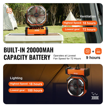 Portable Fan Rechargeable 9 inch, Battery Powered Fan with LED Lantern, 4 Speeds Adjustable & 45°/90°Automatic Swivel & Timer , USB Battery Operated Fans for Travel Bedroom Home Camping Office