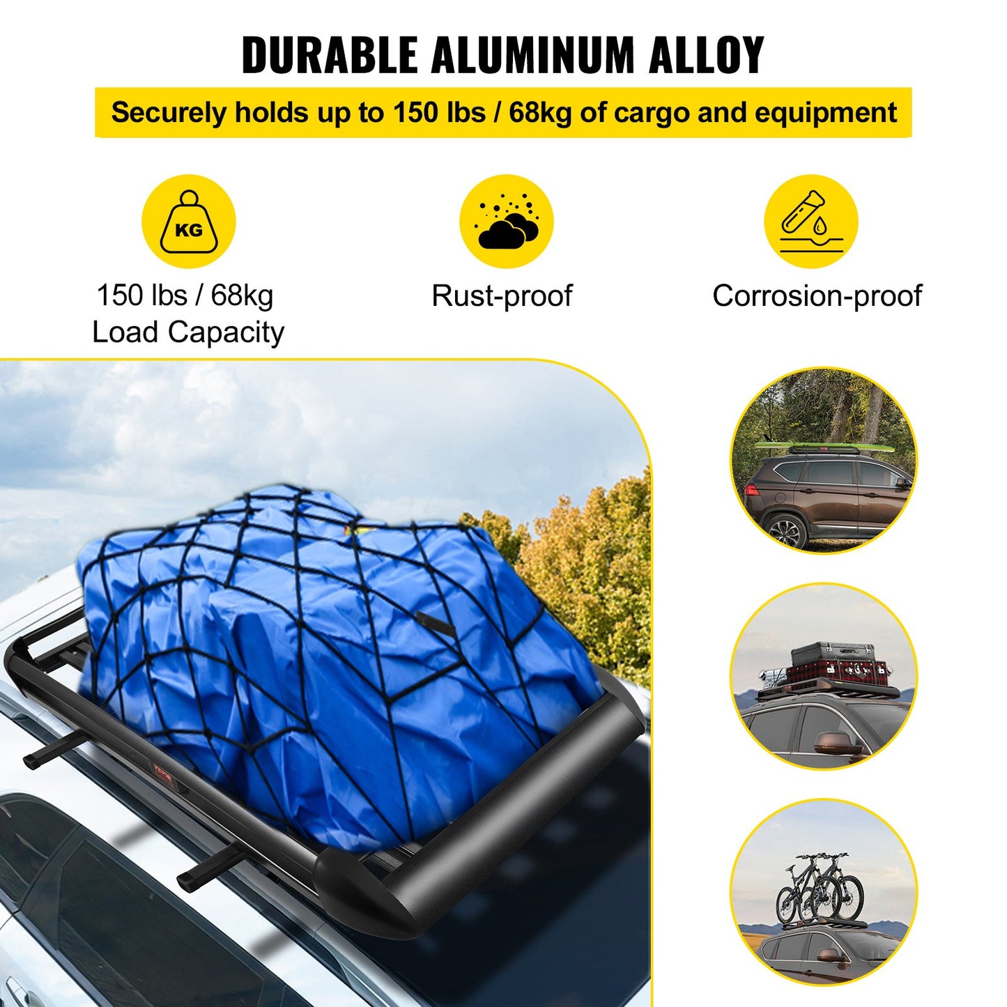 Universal 50.4 x 36.4 Inch Roof Basket, Basket Roof Rack, Aluminum Roof Mounted Cargo Rack with Bars XL-B for Car Top Luggage Traveling SUV Holder