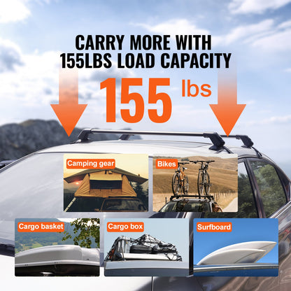 Roof Rack Cross Bars, Aluminum Roof Rack Crossbars, Fit Roof without Side Rail, 155 lbs Load Capacity, Adjustable Bare Roof Crossbars with Locks, for SUVs, Sedans, and Vans