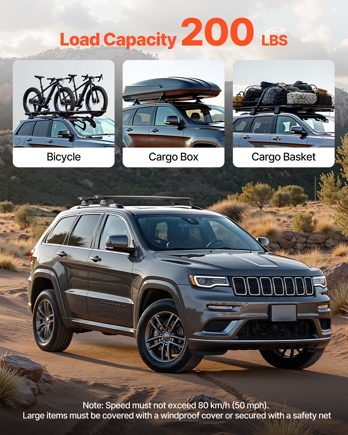 Roof Rack Cross Bars, Fits Jeep Grand Cherokee 2011-2021 (With Grooved Side Rails), 200 LBS Capacity, Lockable Heavy Duty Aluminum Crossbar Racks Roof Rail Rooftop Luggage Canoe