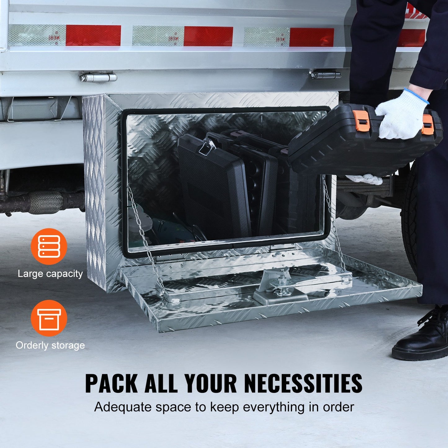 Underbody Truck Box, 24"×14"×16" Pickup Storage Box, Heavy Duty Aluminum Diamond Plate Tool Box with Lock and Keys, Waterproof Trailer Storage Box with T-Handle Latch for Truck, Van, Trailer
