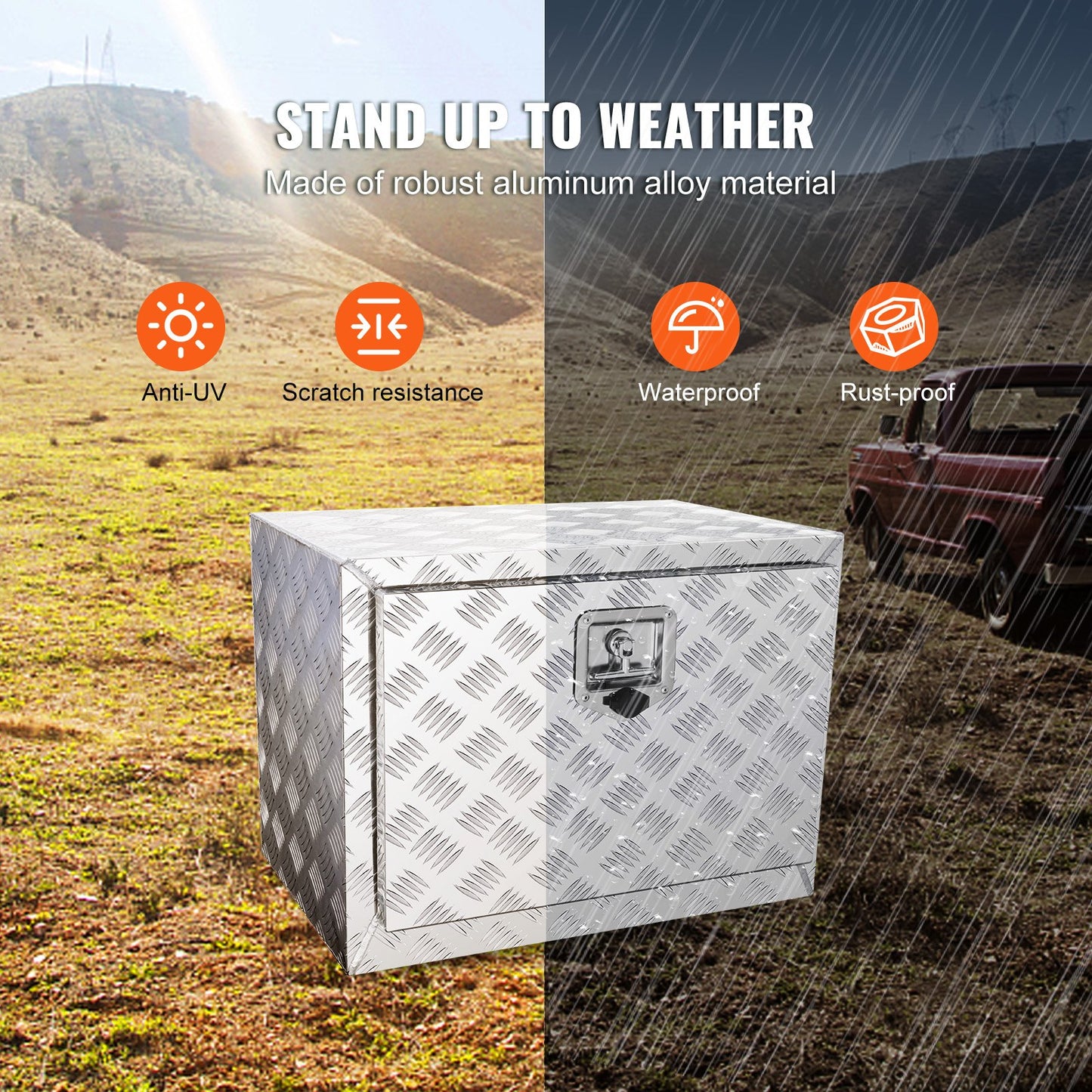 Underbody Truck Box, 24"×14"×16" Pickup Storage Box, Heavy Duty Aluminum Diamond Plate Tool Box with Lock and Keys, Waterproof Trailer Storage Box with T-Handle Latch for Truck, Van, Trailer