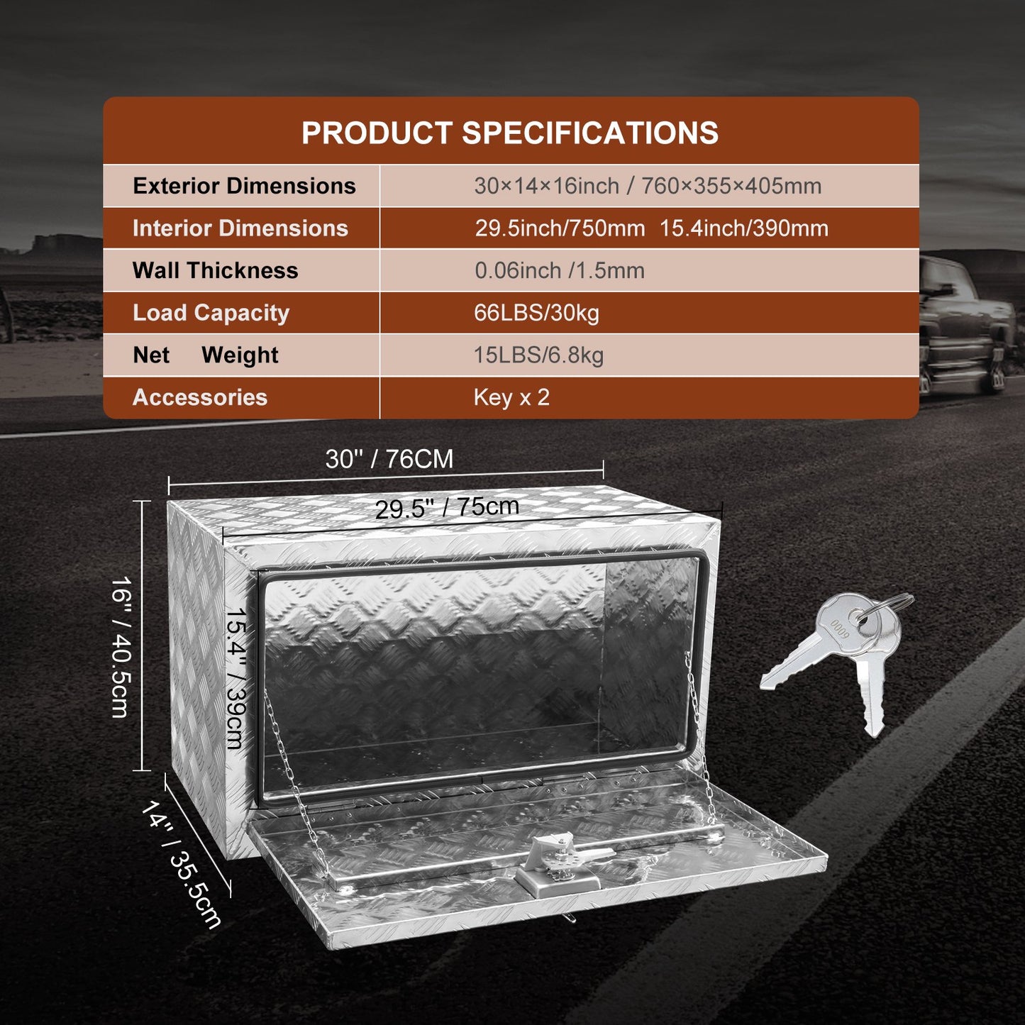 Underbody Truck Box, 30"×14"×16" Pickup Storage Box, Heavy Duty Aluminum Diamond Plate Tool Box with Lock and Keys, Waterproof Trailer Storage Box with T-Handle Latch for Truck, Van, Trailer