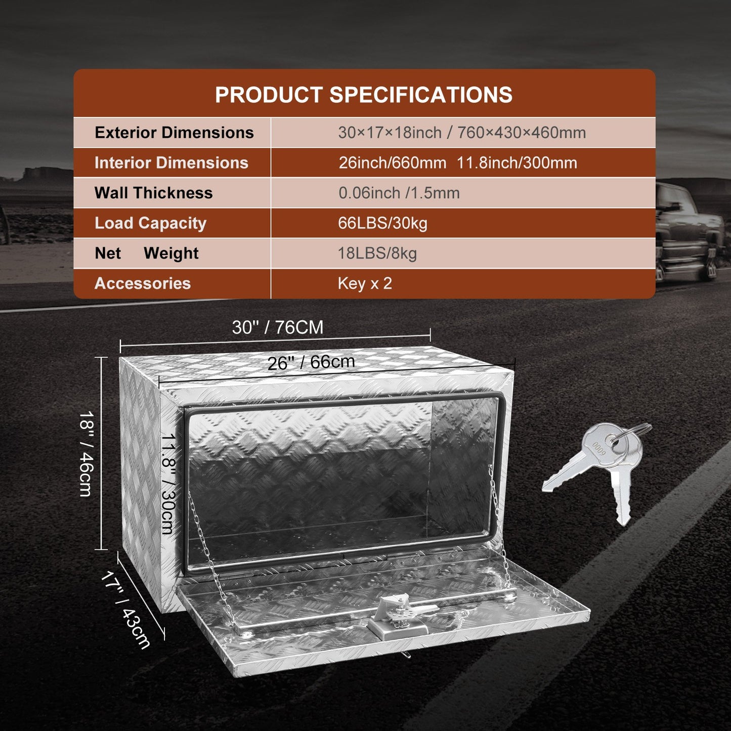 Underbody Truck Box, 30"×17"×18" Pickup Storage Box, Heavy Duty Aluminum Diamond Plate Tool Box with Lock and Keys, Waterproof Trailer Storage Box with T-Handle Latch for Truck, Van, Trailer