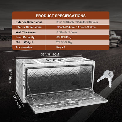 Underbody Truck Box, 36"×17"×18" Pickup Storage Box, Heavy Duty Aluminum Diamond Plate Tool Box with Lock and Keys, Waterproof Trailer Storage Box with T-Handle Latch for Truck, Van, Trailer