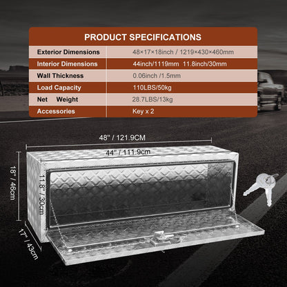 Underbody Truck Box, 48"×17"×18" Pickup Storage Box, Heavy Duty Aluminum Diamond Plate Tool Box with Lock and Keys, Waterproof Trailer Storage Box with T-Handle Latch for Truck, Van, Trailer