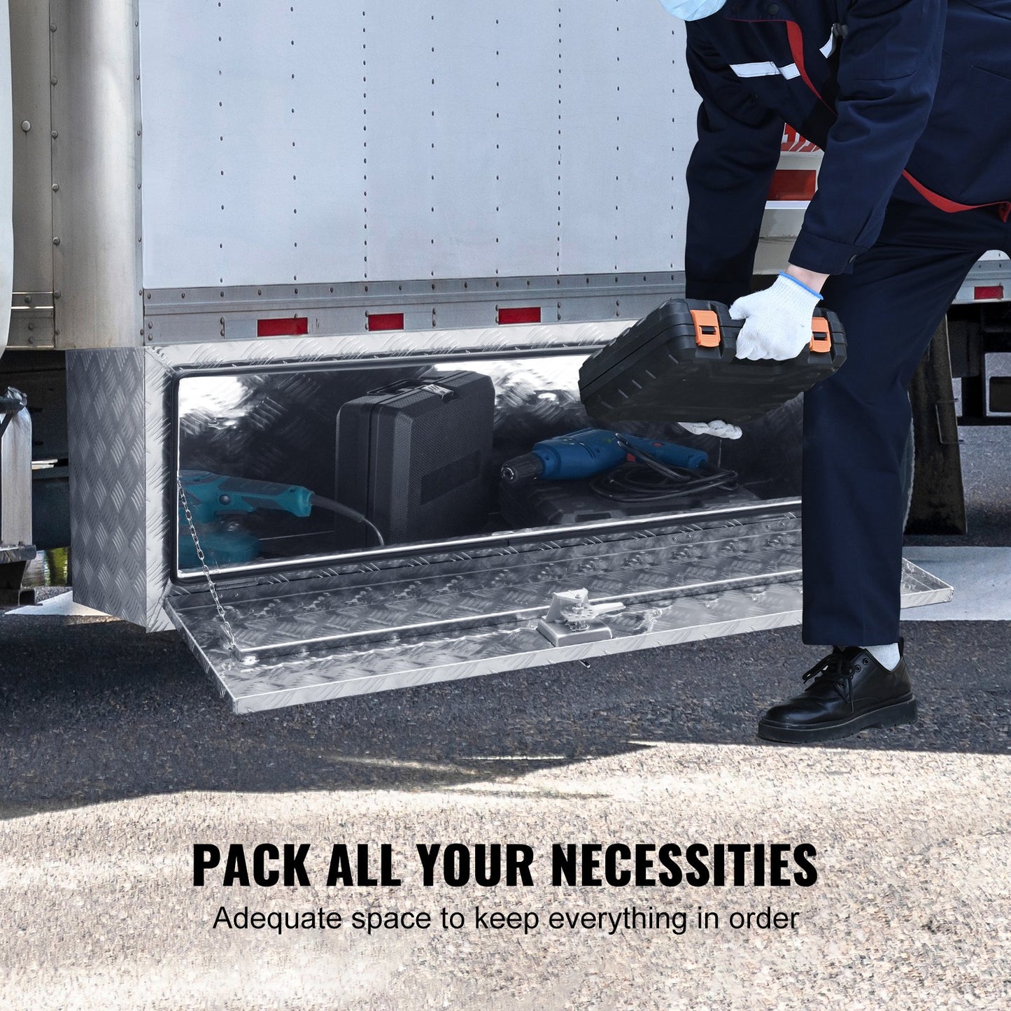 Underbody Truck Box, 48"×24"×24" Pickup Storage Box, Heavy Duty Aluminum Diamond Plate Tool Box with Lock and Keys, Waterproof Trailer Storage Box with T-Handle Latch for Truck, Van, Trailer