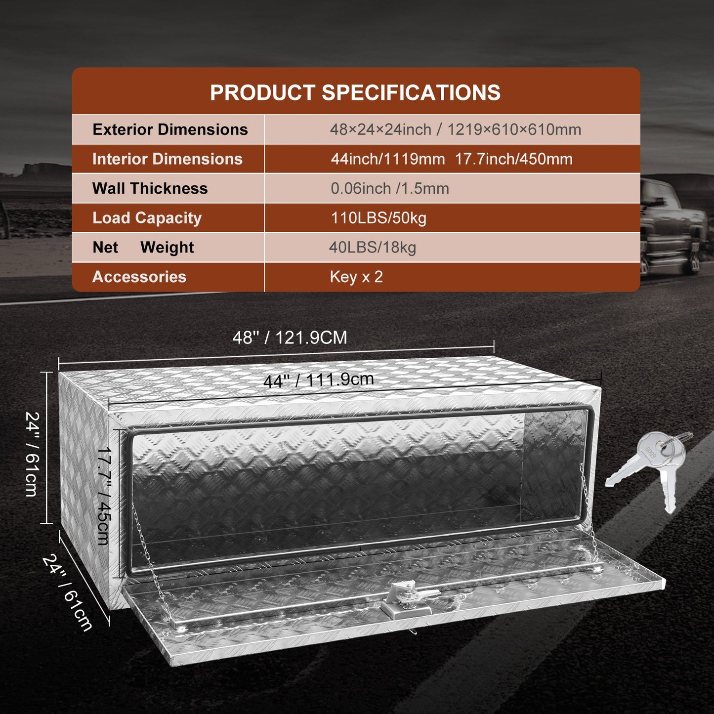 Underbody Truck Box, 48"×24"×24" Pickup Storage Box, Heavy Duty Aluminum Diamond Plate Tool Box with Lock and Keys, Waterproof Trailer Storage Box with T-Handle Latch for Truck, Van, Trailer