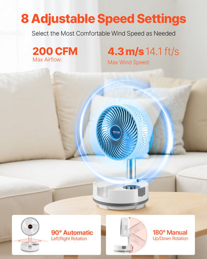 8 inch Portable Foldable Rechargeable Oscillating Fan, 3-in-1 Battery Operated with Remote Control, Quiet Desk/Table Pedestal Fan, 8 Speeds,90-degree Auto Left/Right Rotation,for Home,Office,Outdoor