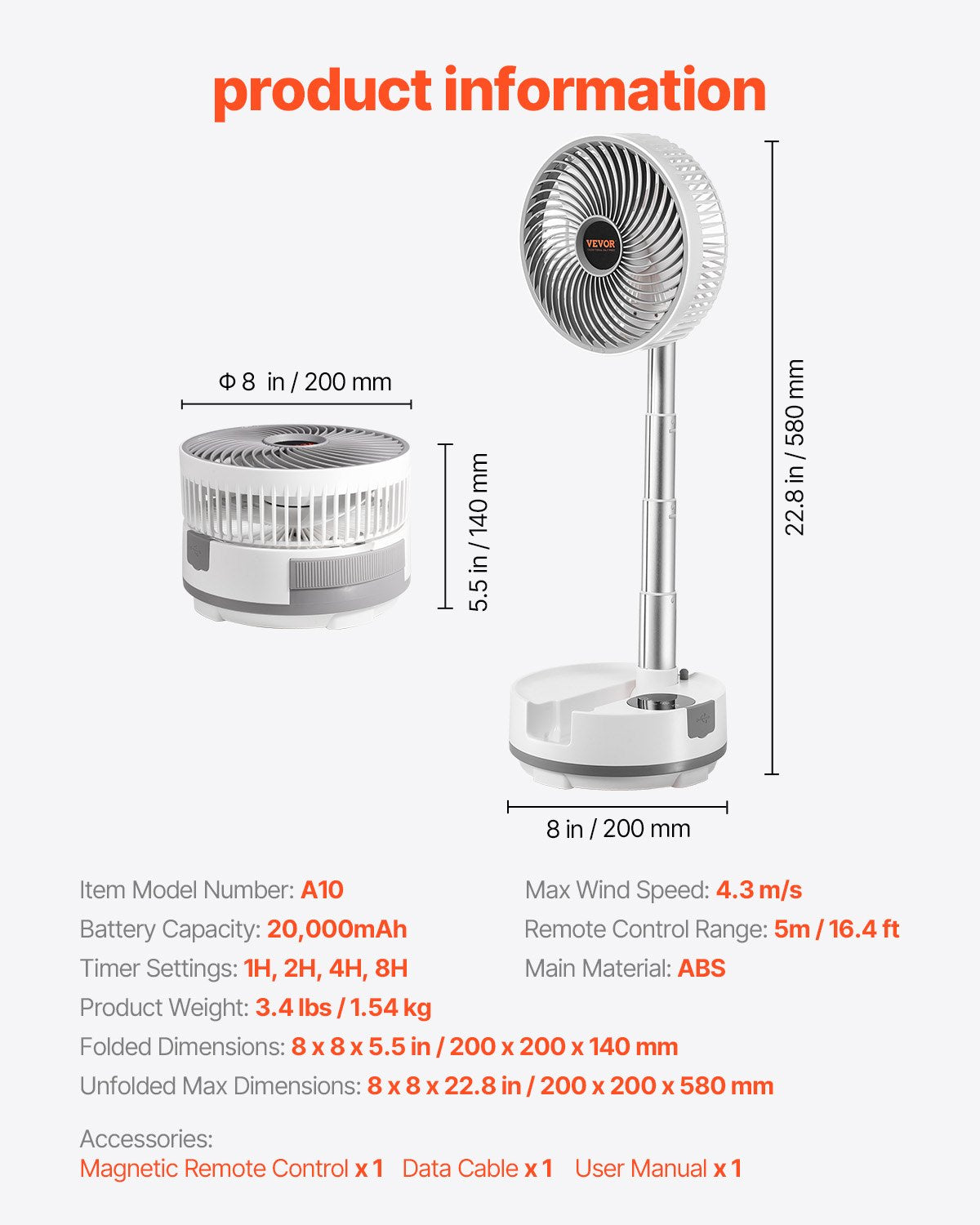 8 inch Portable Foldable Rechargeable Oscillating Fan, 3-in-1 Battery Operated with Remote Control, Quiet Desk/Table Pedestal Fan, 8 Speeds,90-degree Auto Left/Right Rotation,for Home,Office,Outdoor