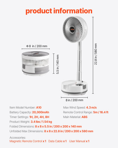 8 inch Portable Foldable Rechargeable Oscillating Fan, 3-in-1 Battery Operated with Remote Control, Quiet Desk/Table Pedestal Fan, 8 Speeds,90-degree Auto Left/Right Rotation,for Home,Office,Outdoor