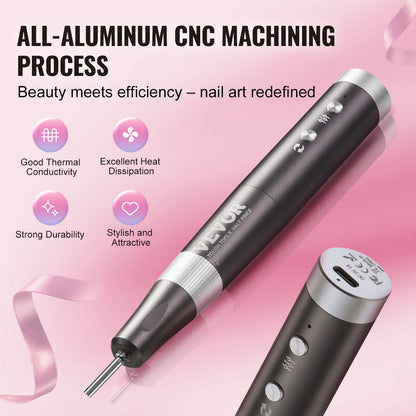 Electric Cordless Nail Drill, 30,000RPM Variable-Speed Rechargeable Nail E File Machine, Portable Manicure Pedicure Polisher with 50PCS Sanding Bands for Dead Skin Removal, Nail Surface Smooth