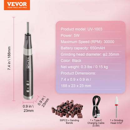 Electric Cordless Nail Drill, 30,000RPM Variable-Speed Rechargeable Nail E File Machine, Portable Manicure Pedicure Polisher with 50PCS Sanding Bands for Dead Skin Removal, Nail Surface Smooth