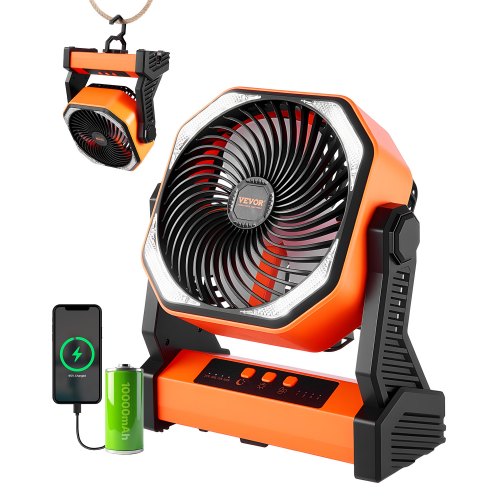 8 inch Rechargeable Camping Fan, Battery Operated with Light & Charging, 4 Speed Portable Outdoor Desktop Fan, 270-degree Manual Tilt for Tent, RV, Car, Travel, Jobsite & Hurricane Power Outages