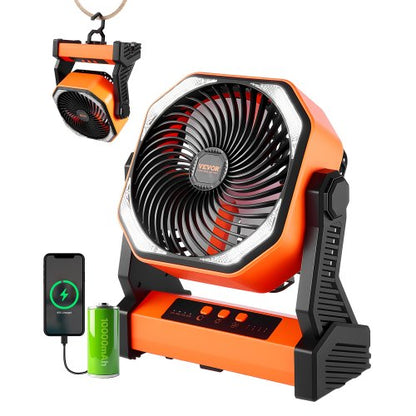 8 inch Rechargeable Camping Fan, Battery Operated with Light & Charging, 4 Speed Portable Outdoor Desktop Fan, 270-degree Manual Tilt for Tent, RV, Car, Travel, Jobsite & Hurricane Power Outages