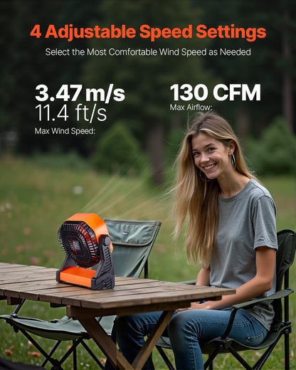 8 inch Rechargeable Camping Fan, Battery Operated with Light & Charging, 4 Speed Portable Outdoor Desktop Fan, 270-degree Manual Tilt for Tent, RV, Car, Travel, Jobsite & Hurricane Power Outages