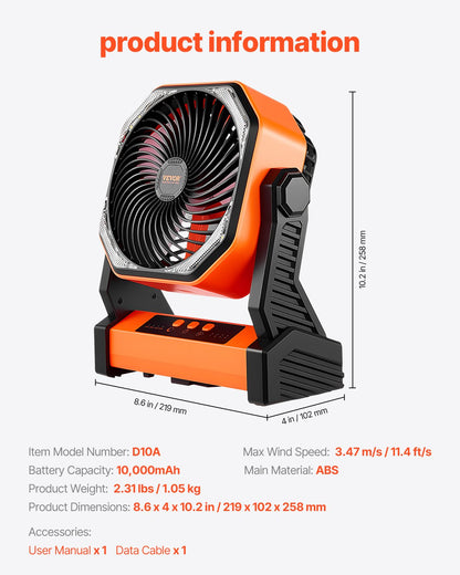 8 inch Rechargeable Camping Fan, Battery Operated with Light & Charging, 4 Speed Portable Outdoor Desktop Fan, 270-degree Manual Tilt for Tent, RV, Car, Travel, Jobsite & Hurricane Power Outages