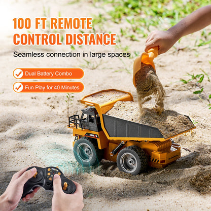 RC Dump Truck Toy, 9-Channel 1:18 Scale, Remote Control Dump Truck RC Construction Vehicle Truck Toy with Metal Bed & Light, 2 Rechargeable Batteries for Toddlers Kids Boys and Girls Age 8+